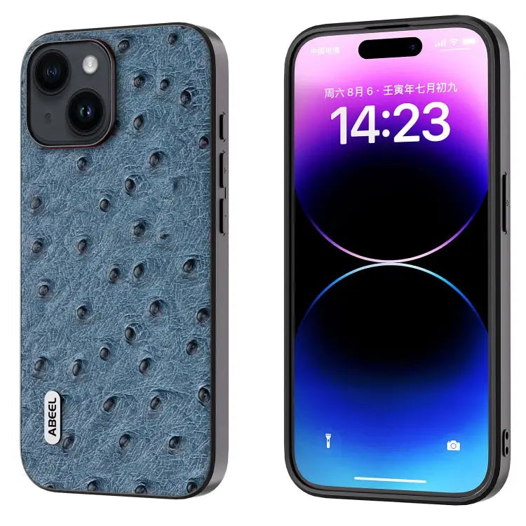 ABEEL Genuine Leather Ostrich Texture Phone Case - For iPhone 14 / Blue