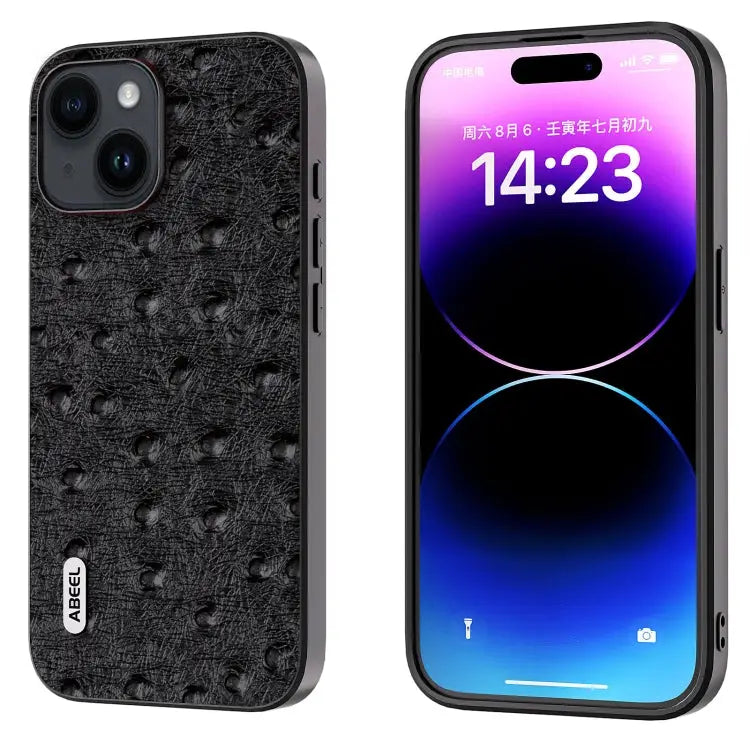ABEEL Genuine Leather Ostrich Texture Phone Case - For iPhone 14 Plus / Black