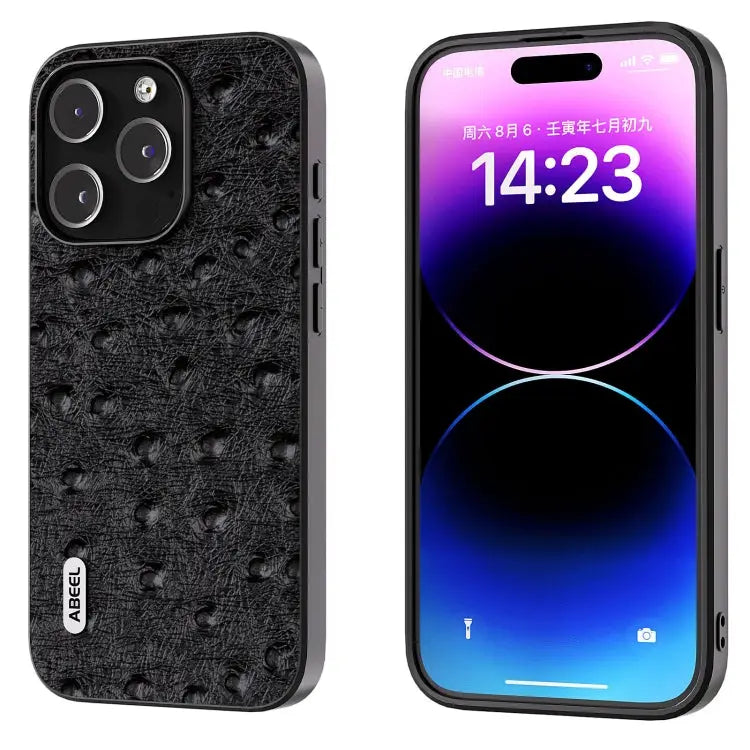 ABEEL Genuine Leather Ostrich Texture Phone Case - For iPhone 14 Pro / Black