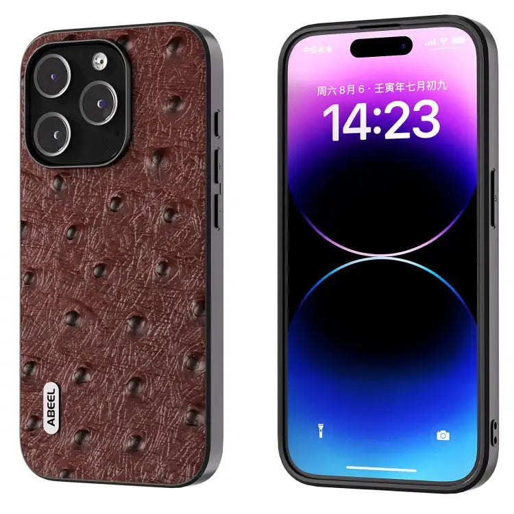 ABEEL Genuine Leather Ostrich Texture Phone Case - For iPhone 14 Pro / Coffee