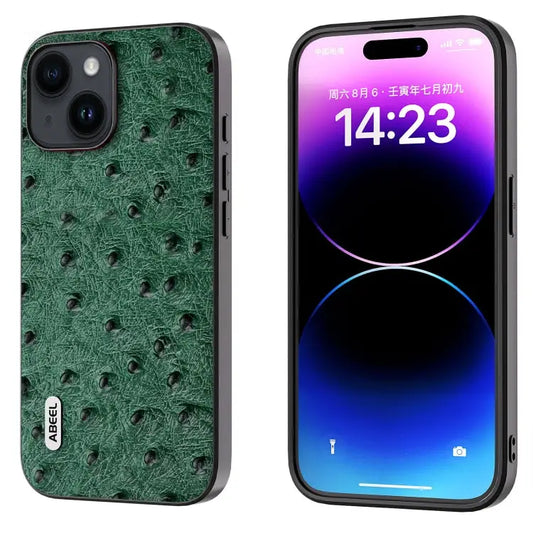 ABEEL Genuine Leather Ostrich Texture Phone Case - For iPhone 15 Plus / Green