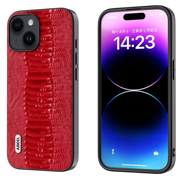 ABEEL Genuine Leather Weilai Series Phone Case - For iPhone 14 Plus / Red