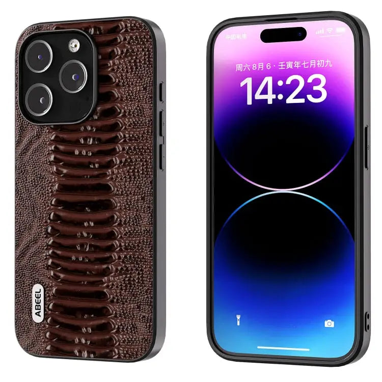 ABEEL Genuine Leather Weilai Series Phone Case - For iPhone 14 Pro Max / Coffee