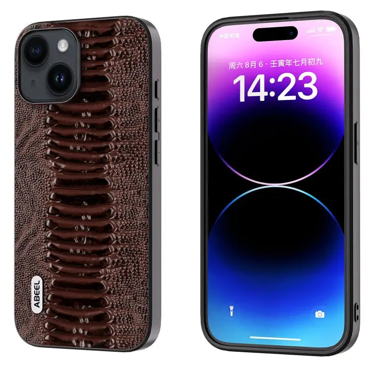 ABEEL Genuine Leather Weilai Series Phone Case - For iPhone 15 Plus / Coffee
