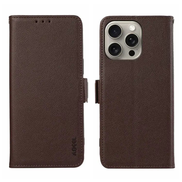 ABEEL Side-Magnetic Litchi Pattern Leather RFID Phone Case - For iPhone 13 Pro Max / Brown