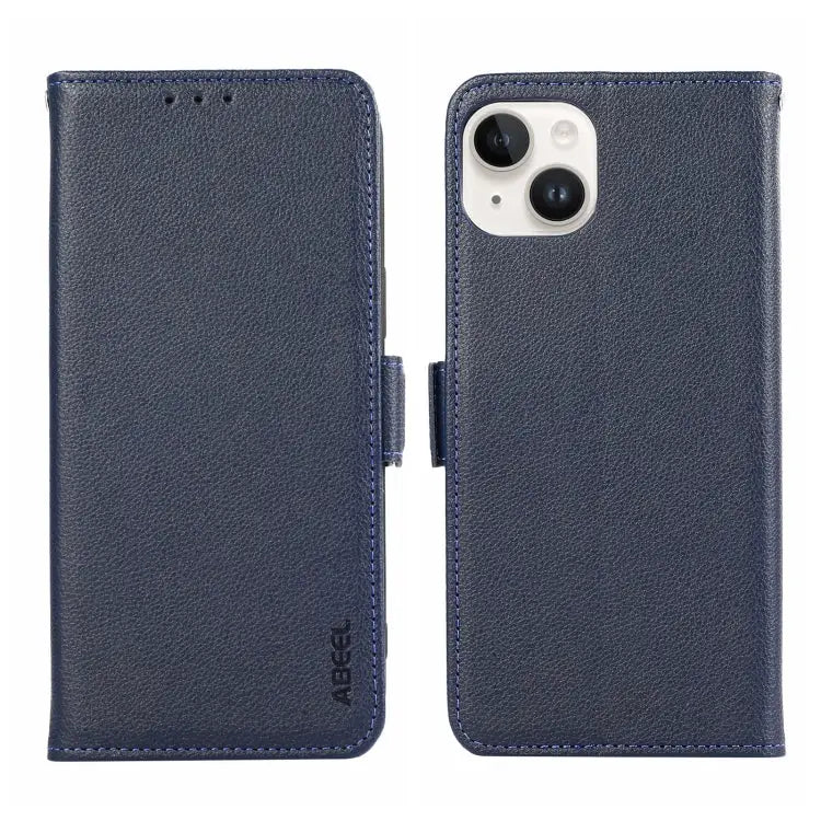 ABEEL Side-Magnetic Litchi Pattern Leather RFID Phone Case - For iPhone 14 / Blue
