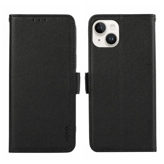 ABEEL Side-Magnetic Litchi Pattern Leather RFID Phone Case - For iPhone 15 / Black
