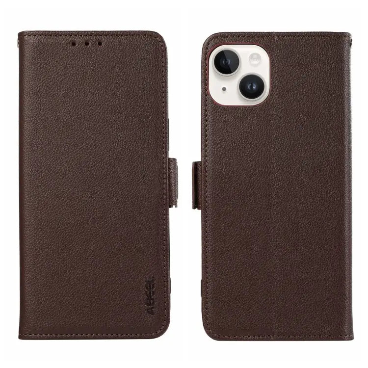 ABEEL Side-Magnetic Litchi Pattern Leather RFID Phone Case - For iPhone 15 / Brown
