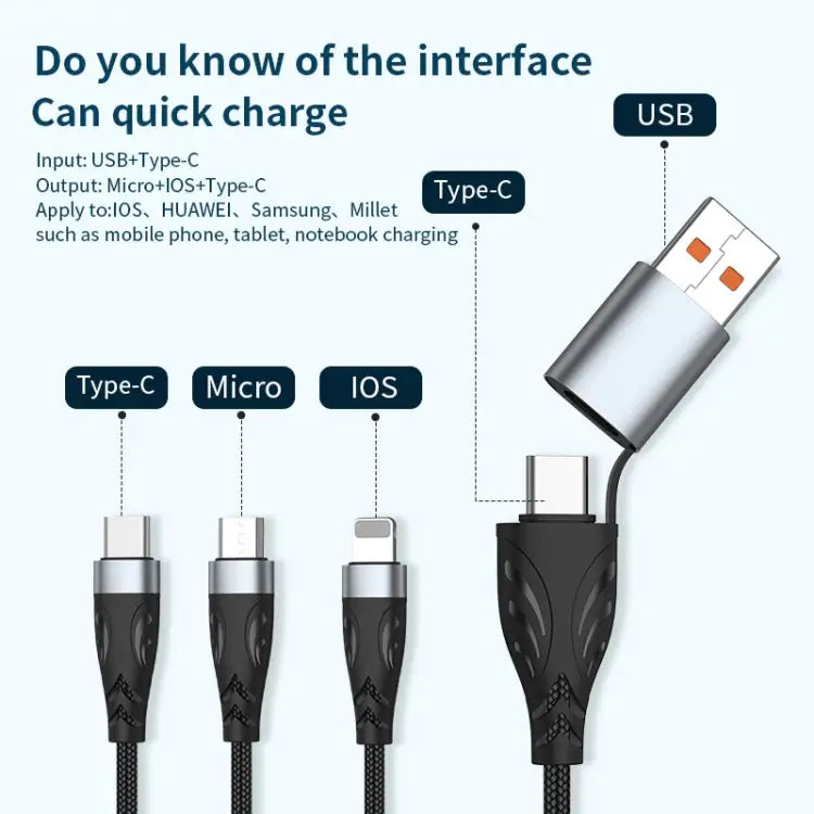 ADC-008 100W USB/Type-C to Type-C + 8 Pin + Micro USB Two to Three Fully Compatible Fast Charge Data Cable 1.2m 2m