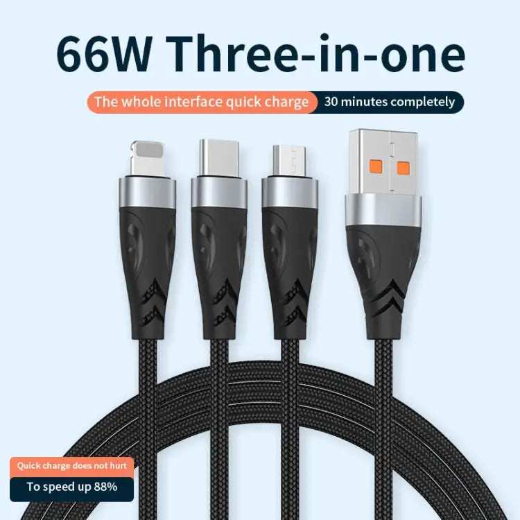 ADC-008 66W USB to USB-C/Type-C + 8 Pin + Micro USB 3 in 1 Fully Compatible Fast Charge Data Cable 1.2m 2m - Apple