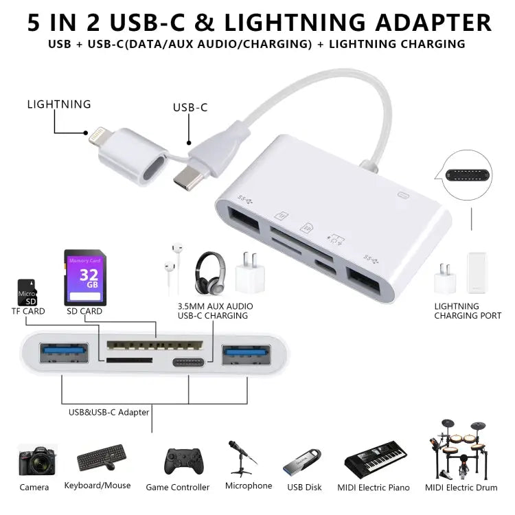 AJ-108PRO 6 in 2 USB-C / Type-C + 8 Pin Interface Multi-function Camera Card Reader 6 in 2 Type-C + 8 Pin - 6 in 2