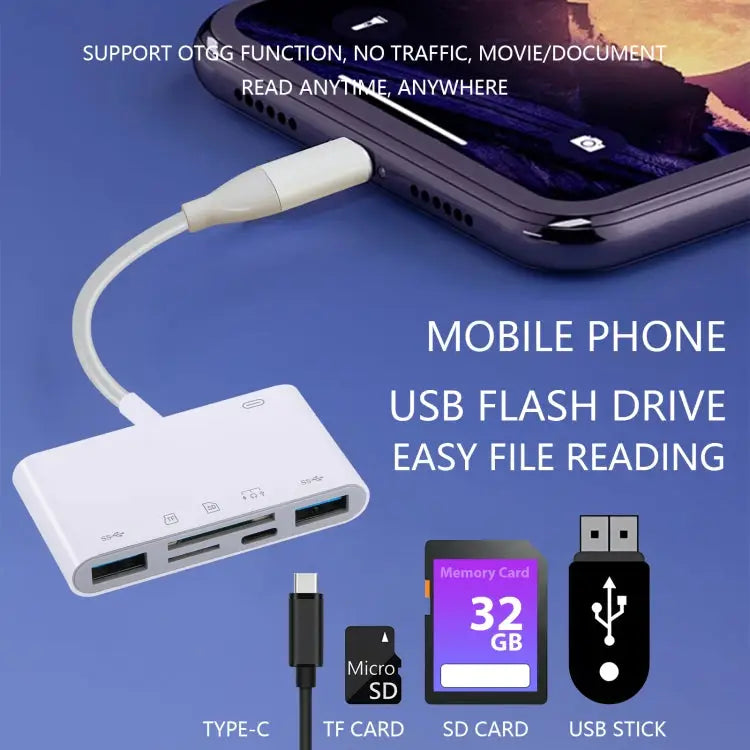AJ-108PRO 6 in 2 USB-C / Type-C + 8 Pin Interface Multi-function Camera Card Reader 6 in 2 Type-C + 8 Pin - 6 in 2