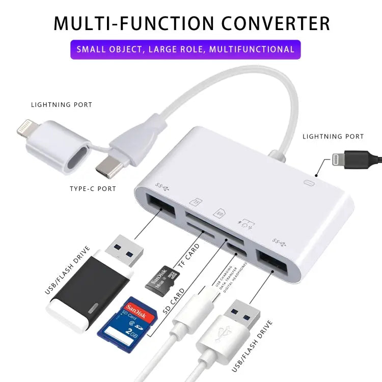AJ-108PRO 6 in 2 USB-C / Type-C + 8 Pin Interface Multi-function Camera Card Reader 6 in 2 Type-C + 8 Pin - 6 in 2