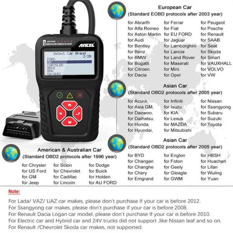 Ancel AS100 Car Fault Detector OBDII Engine Fault Light Clear AS100 - AS100