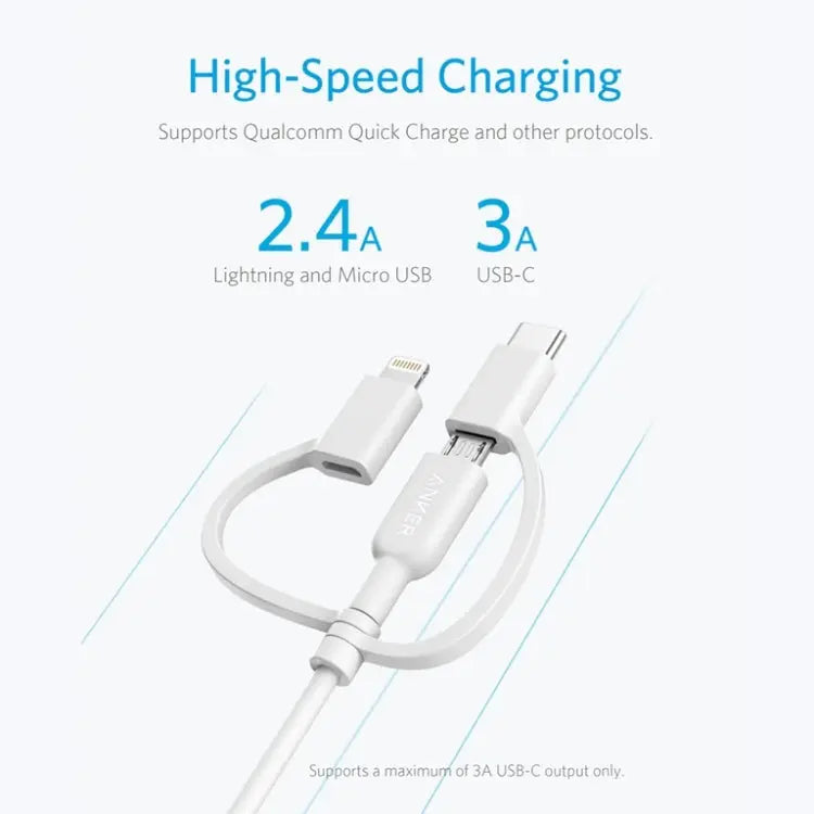 ANKER 3 in 1 8 Pin + Micro USB + USB-C / Type-C Interface MFI Certificated Data Cable