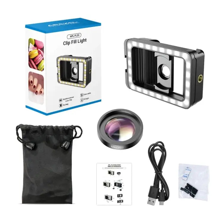 APEXEL 15X Macro Lens With LED Fill Light Phone Holder Clamp APL-FL23M15-Z - APL-FL23M15-Z - Apple Accessories
