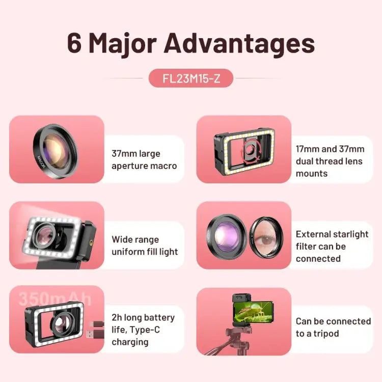 APEXEL 15X Macro Lens With LED Fill Light Phone Holder Clamp APL-FL23M15-Z - APL-FL23M15-Z - Apple Accessories
