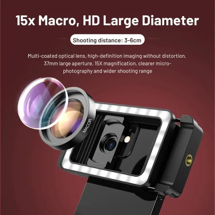 APEXEL 15X Macro Lens With LED Fill Light Phone Holder Clamp APL-FL23M15-Z - APL-FL23M15-Z - Apple Accessories