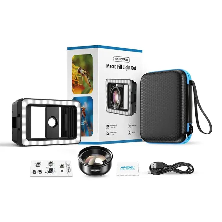 APEXEL 4K HD 100mm Macro Lens With LED Fill Light Set for Smartphones APL-HB100FL23-Z - APL-HB100FL23-Z - Apple