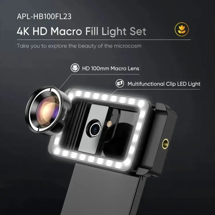 APEXEL 4K HD 100mm Macro Lens With LED Fill Light Set for Smartphones APL-HB100FL23-Z - APL-HB100FL23-Z - Apple