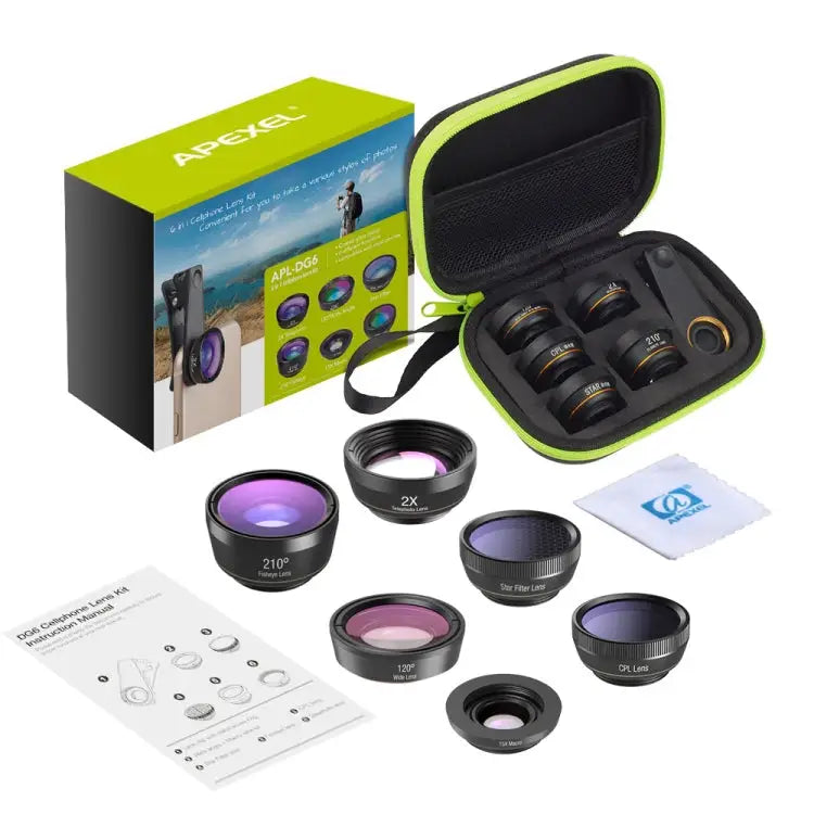 APEXEL APL-DG6V2 6 in 1 Universal External 2X Telephone + 210 Degrees Fisheye + 15X Macro + 120 degree Wide-angle + CPL