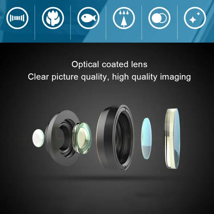 APEXEL APL-DG6V2 6 in 1 Universal External 2X Telephone + 210 Degrees Fisheye + 15X Macro + 120 degree Wide-angle + CPL