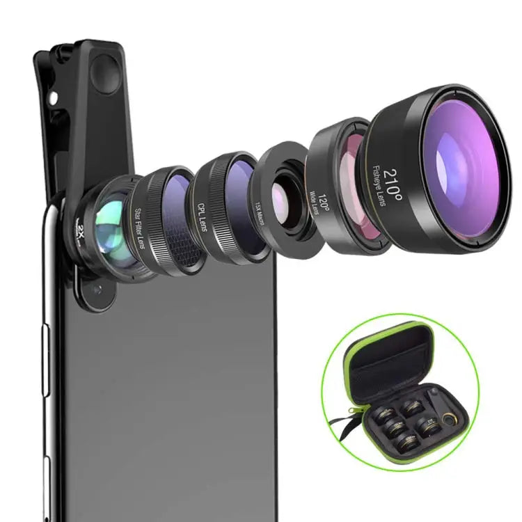 APEXEL APL-DG6V2 6 in 1 Universal External 2X Telephone + 210 Degrees Fisheye + 15X Macro + 120 degree Wide-angle + CPL