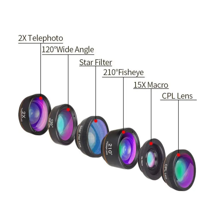 APEXEL APL-DG6V2 6 in 1 Universal External 2X Telephone + 210 Degrees Fisheye + 15X Macro + 120 degree Wide-angle + CPL