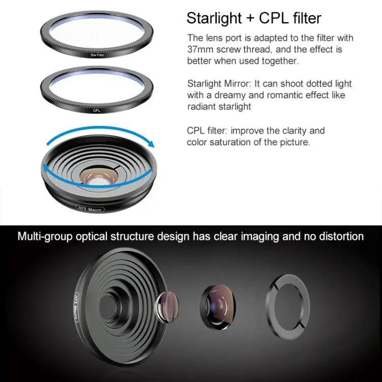APEXEL APL-HB10X Macro Lens Telephoto Clip + Star Light Filter + CPL Phone Lens Kit APL-HB10X - APL-HB10X
