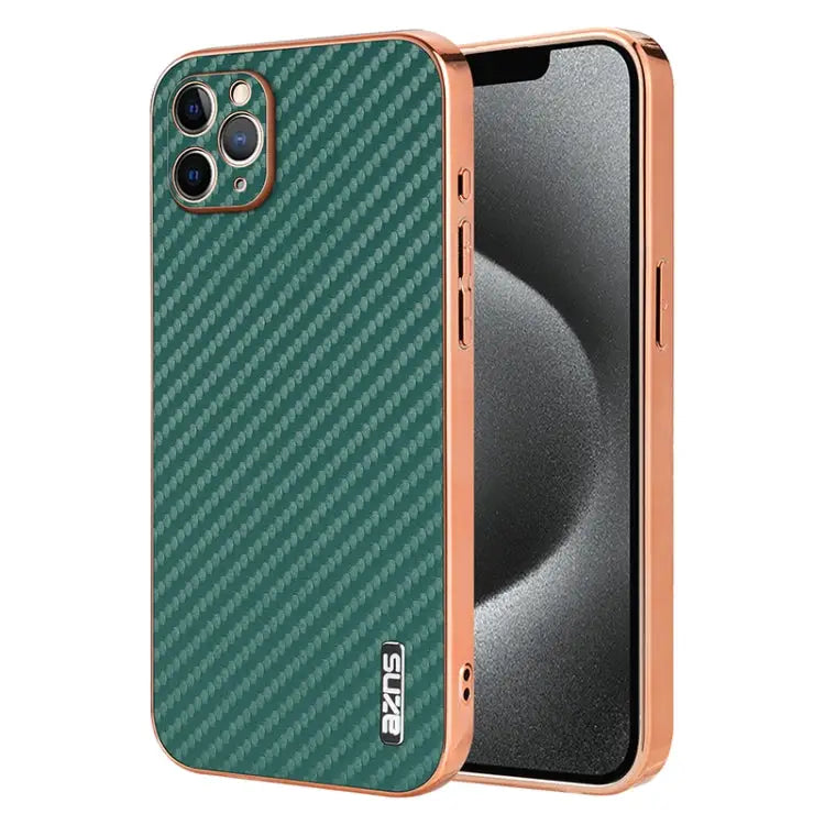 AZNS Electroplated Edge Carbon Fiber Texture Phone Case - For iPhone 11 Pro / Green - Apple Accessories
