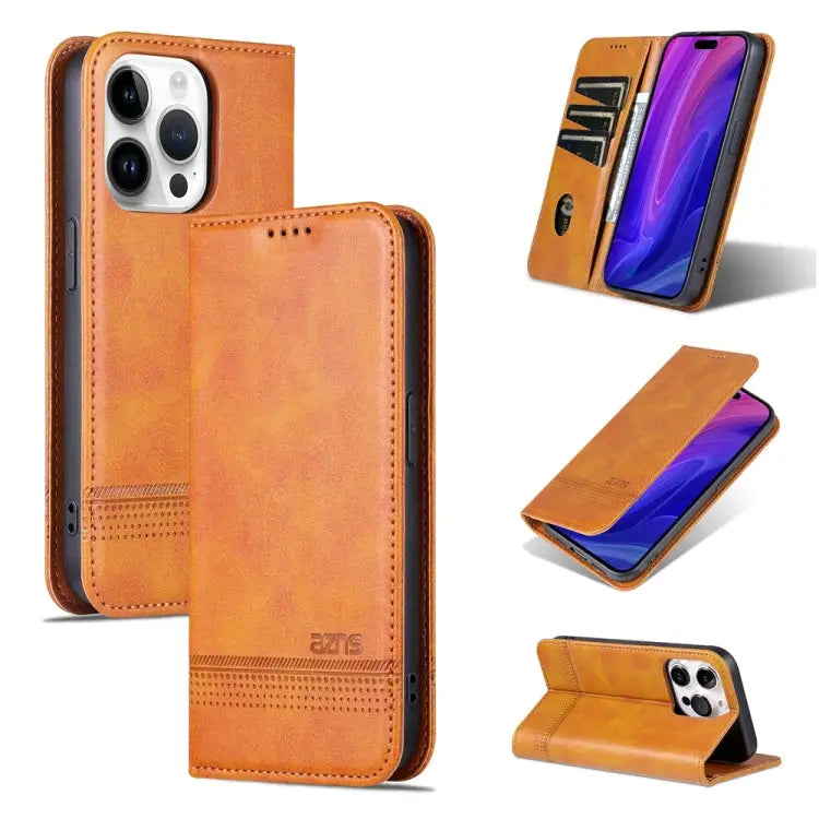 AZNS Magnetic Calf Texture Flip Leather Phone Case - For iPhone 15 Pro / Light Brown - Apple Accessories