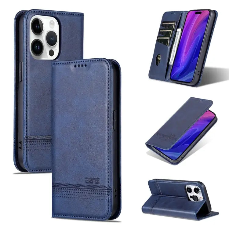 AZNS Magnetic Calf Texture Flip Leather Phone Case - For iPhone 15 Pro Max / Dark Blue - Apple Accessories