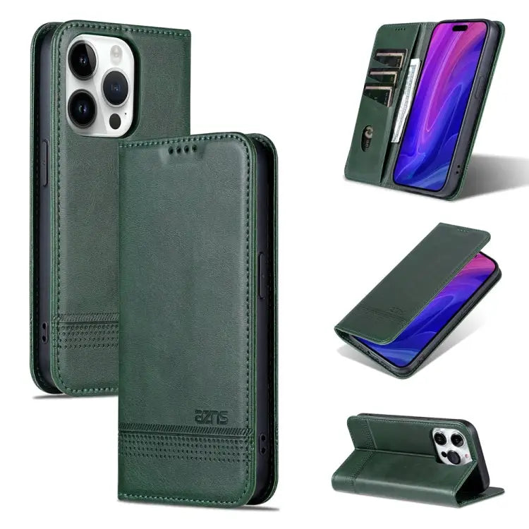 AZNS Magnetic Calf Texture Flip Leather Phone Case - For iPhone 15 Pro / Dark Green - Apple Accessories