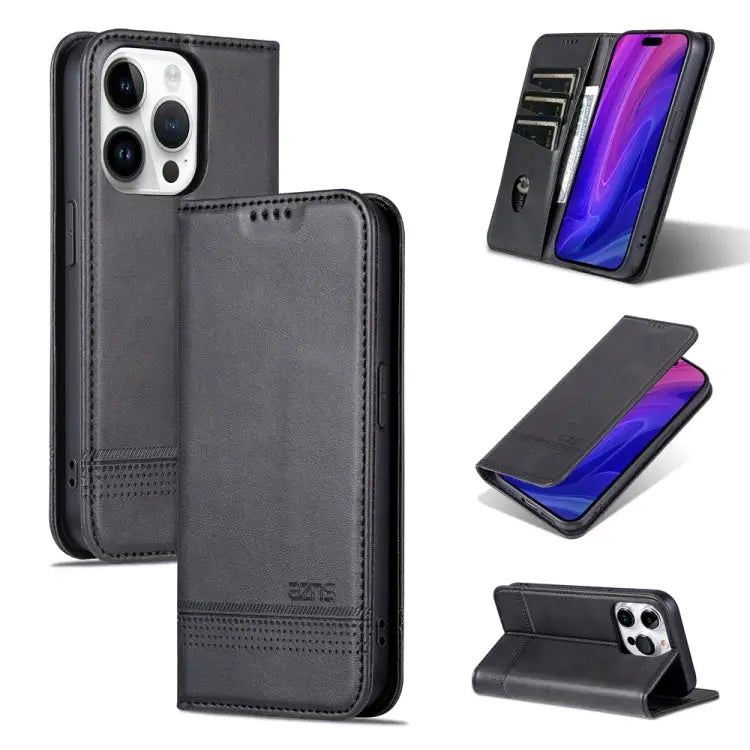 AZNS Magnetic Calf Texture Flip Leather Phone Case - For iPhone 15 Pro Max / Black - Apple Accessories