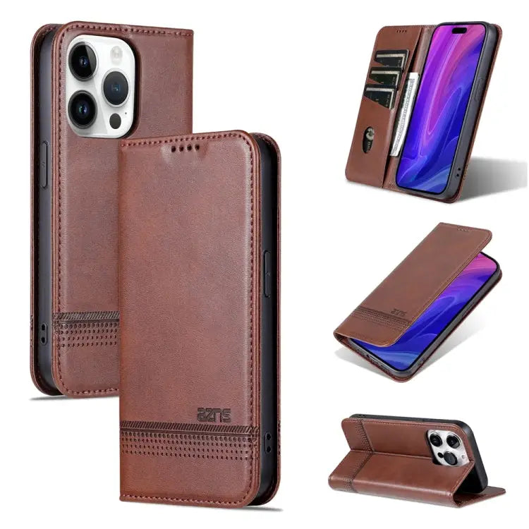 AZNS Magnetic Calf Texture Flip Leather Phone Case - For iPhone 15 Pro / Dark Brown - Apple Accessories