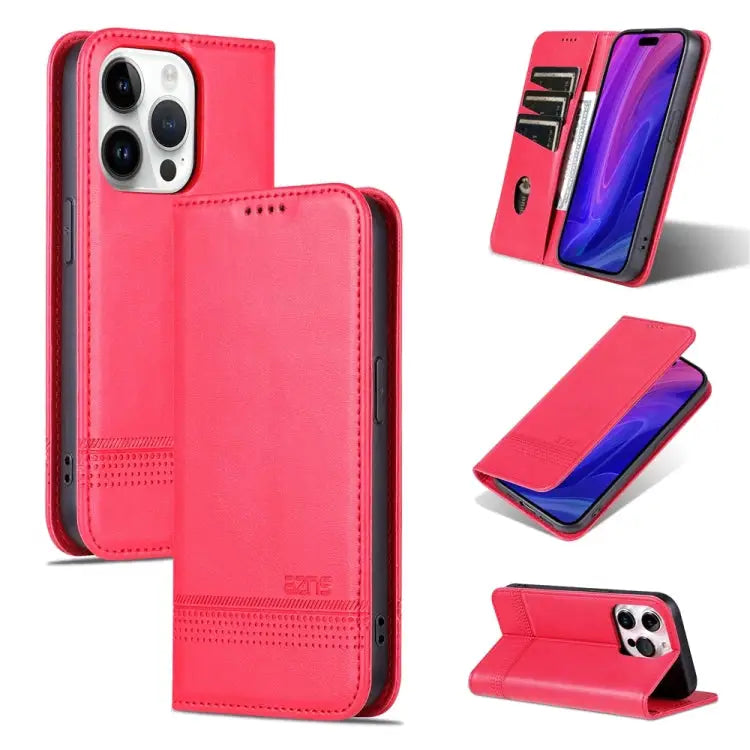 AZNS Magnetic Calf Texture Flip Leather Phone Case - For iPhone 15 Pro / Red - Apple Accessories