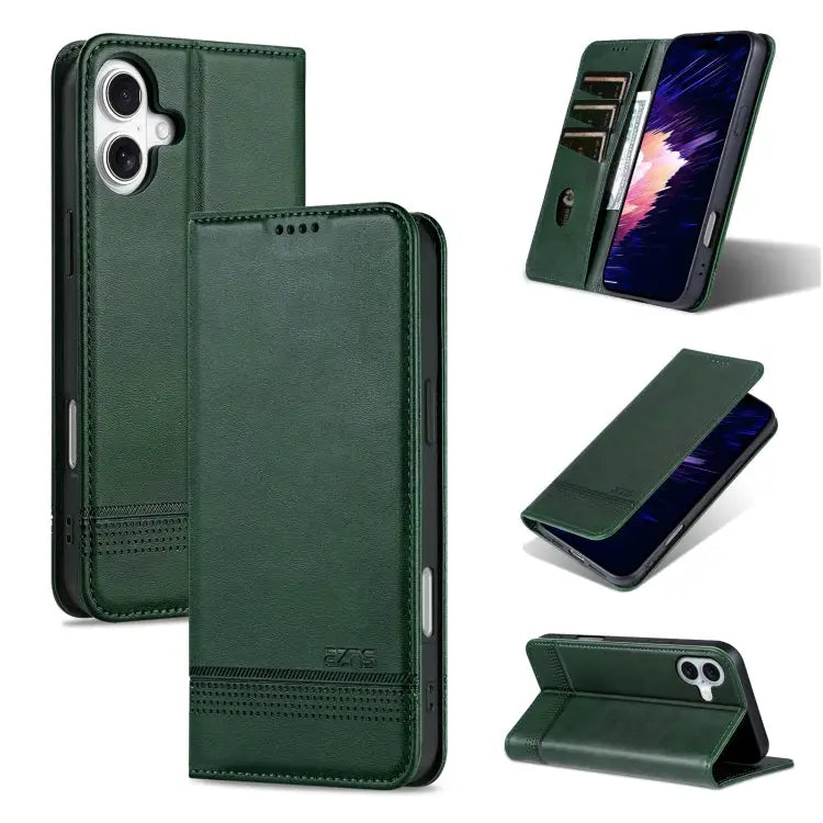 AZNS Magnetic Calf Texture Flip Leather Phone Case - For iPhone 16 / Dark Green - Apple Accessories