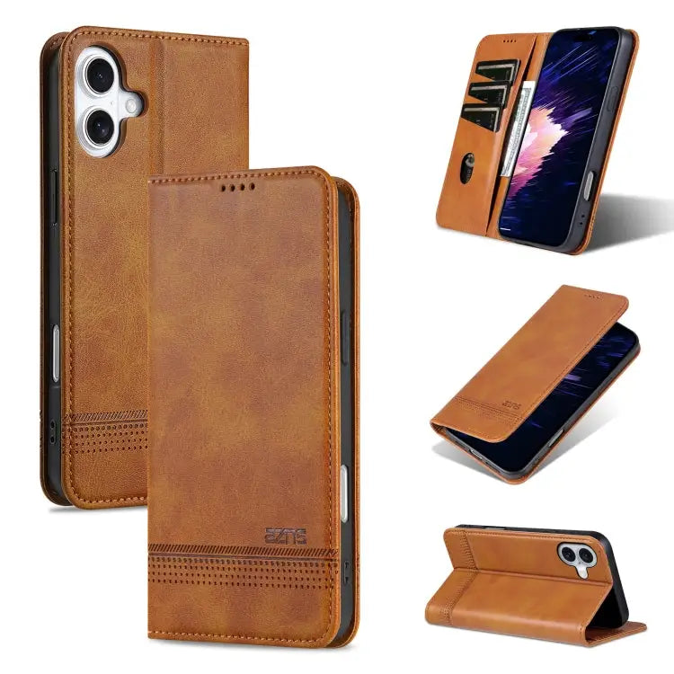 AZNS Magnetic Calf Texture Flip Leather Phone Case - For iPhone 16 / Light Brown - Apple Accessories