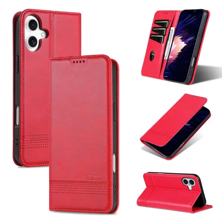 AZNS Magnetic Calf Texture Flip Leather Phone Case - For iPhone 16 / Red - Apple Accessories