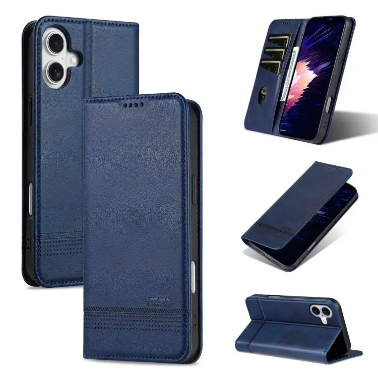 AZNS Magnetic Calf Texture Flip Leather Phone Case - For iPhone 16 / Dark Blue - Apple Accessories