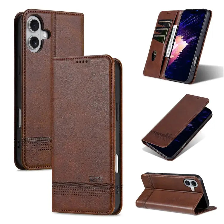 AZNS Magnetic Calf Texture Flip Leather Phone Case - For iPhone 16 / Dark Brown - Apple Accessories