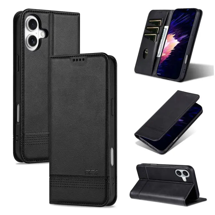 AZNS Magnetic Calf Texture Flip Leather Phone Case - For iPhone 16 / Black - Apple Accessories