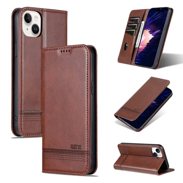 AZNS Magnetic Calf Texture Leather Phone Case For iPhone 15 Plus For iPhone 15 - For iPhone 15 / Dark Brown - Apple