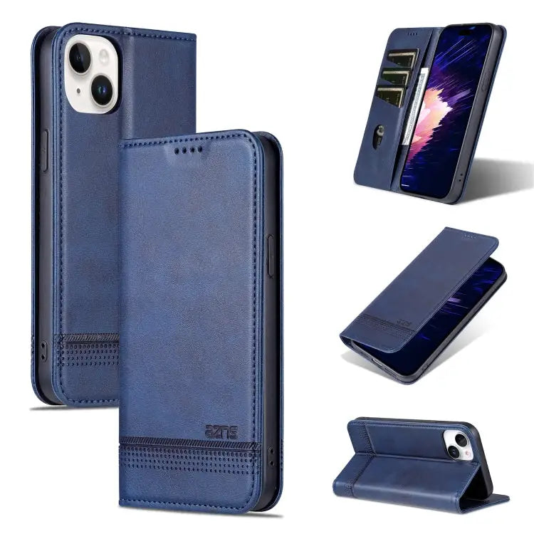 AZNS Magnetic Calf Texture Leather Phone Case For iPhone 15 Plus For iPhone 15 - For iPhone 15 / Dark Blu - Apple