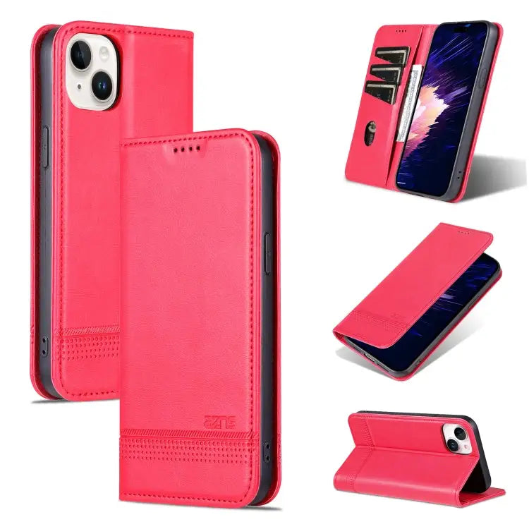 AZNS Magnetic Calf Texture Leather Phone Case For iPhone 15 Plus For iPhone 15 - For iPhone 15 / Red - Apple Accessories