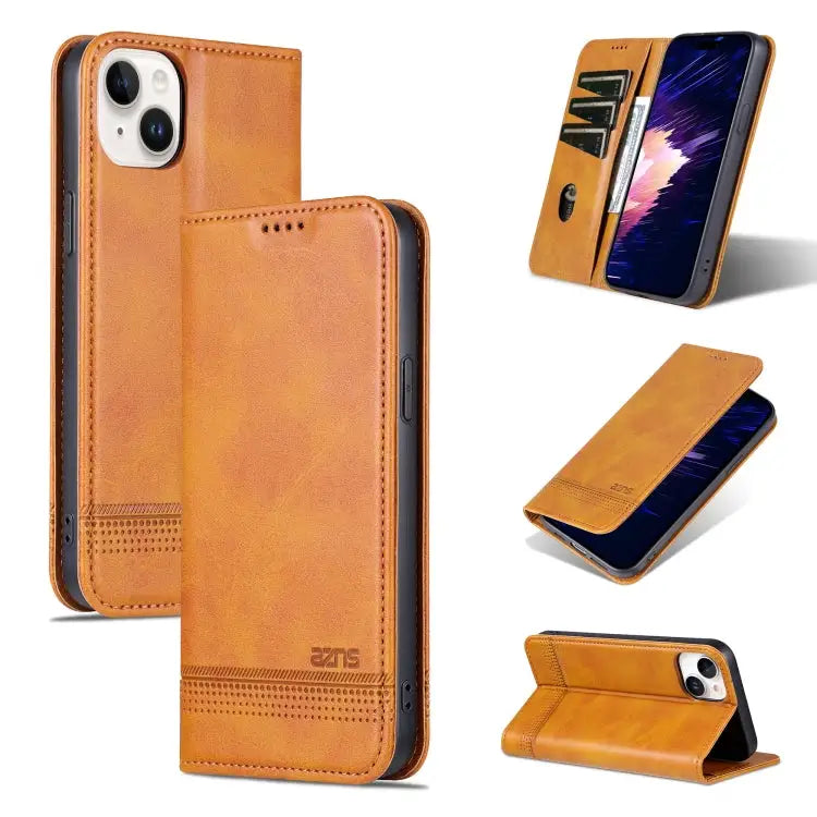 AZNS Magnetic Calf Texture Leather Phone Case For iPhone 15 Plus For iPhone 15 - For iPhone 15 / Light Brown - Apple