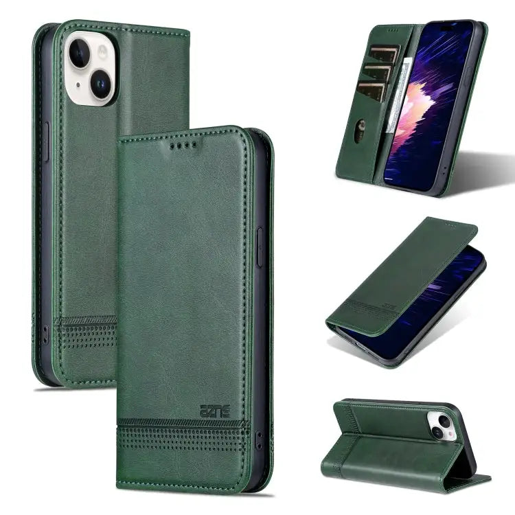 AZNS Magnetic Calf Texture Leather Phone Case For iPhone 15 Plus For iPhone 15 - For iPhone 15 / Dark Green - Apple