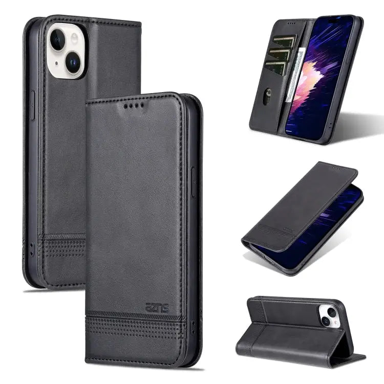 AZNS Magnetic Calf Texture Leather Phone Case For iPhone 15 Plus For iPhone 15 - For iPhone 15 / Black - Apple