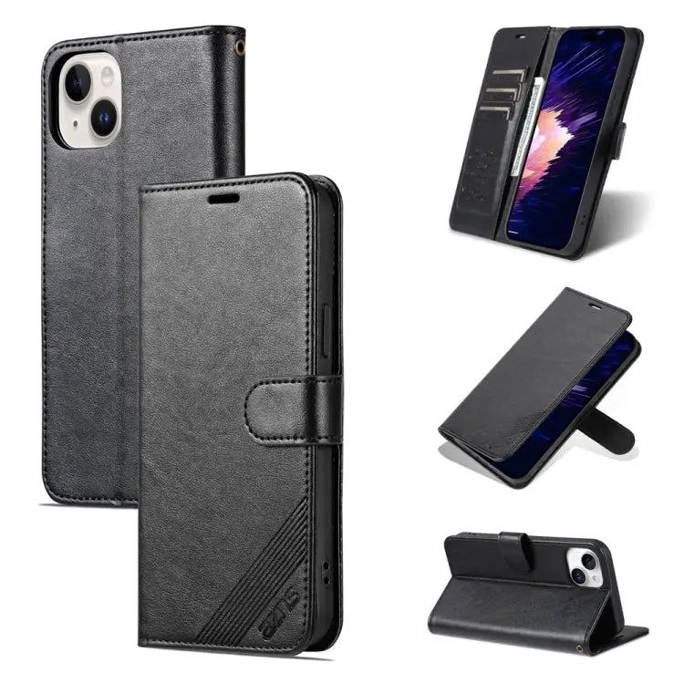 AZNS Sheepskin Texture Flip Leather Phone Case - For iPhone 15 / Black - Apple Accessories