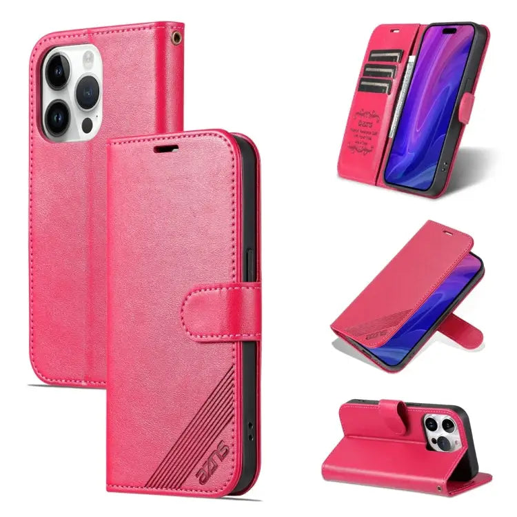 AZNS Sheepskin Texture Flip Leather Phone Case - For iPhone 15 Pro / Red - Apple Accessories